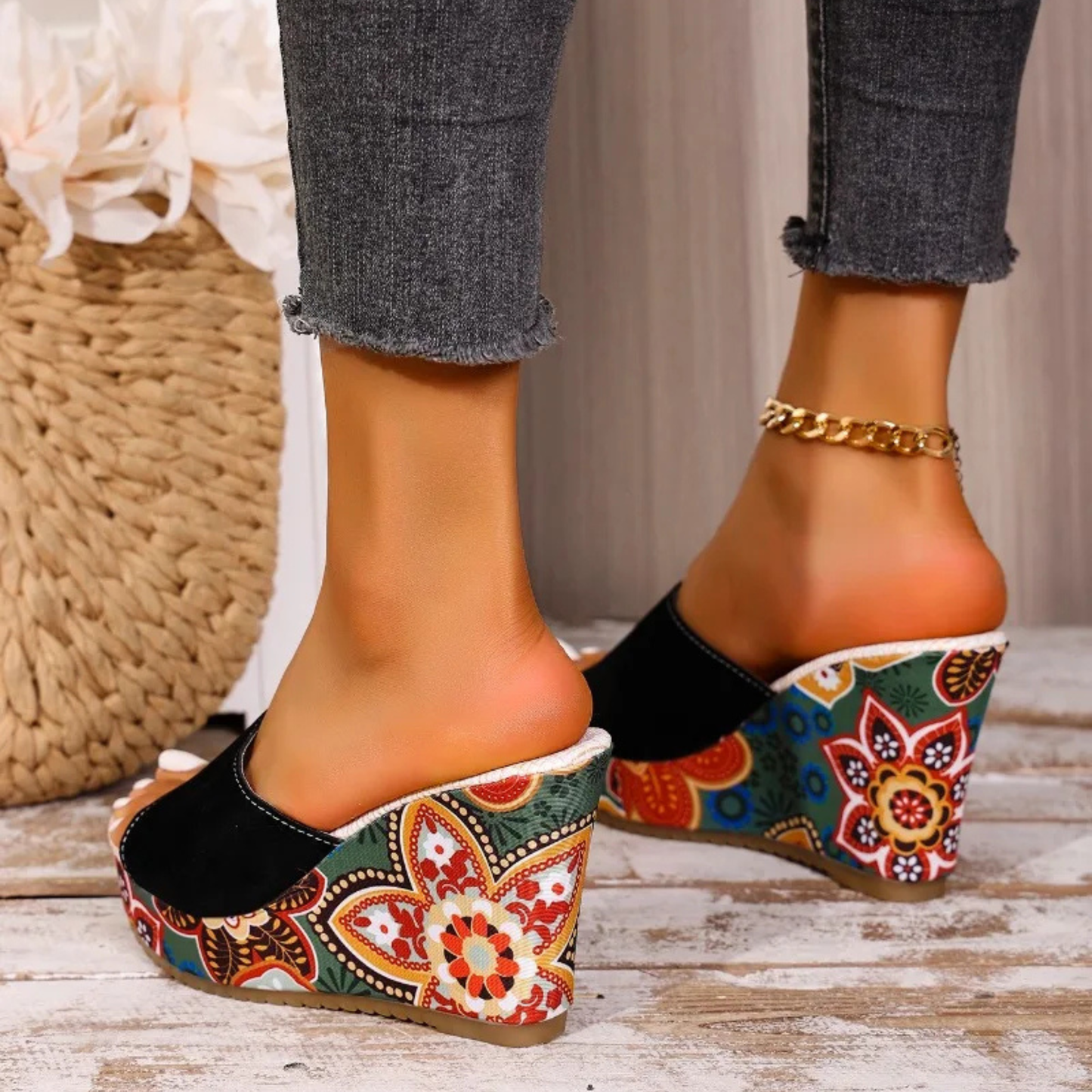 Momount Sandálias de Cunha Mulher – Camurça Estampada Floral Plataforma Slide Boho