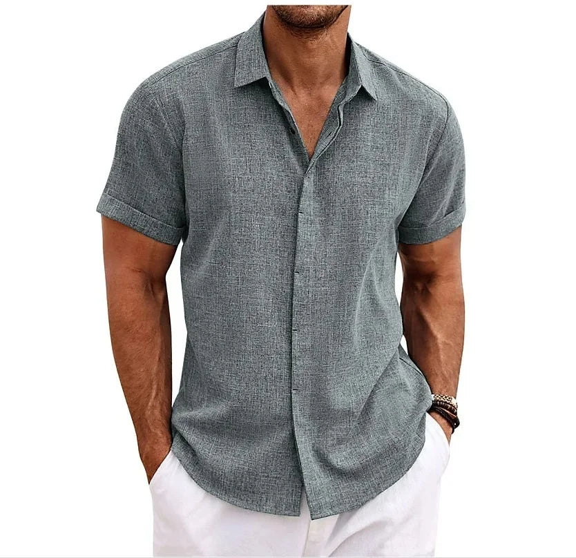 Momount Camisa em Algodão e Linho de Homem – Manga Curta com Botões Casual