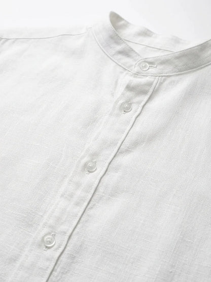 Momount Men Linen Shirt – Long Sleeve Slim Fit Button Up Casual - White - detail