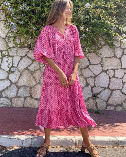 Bellanova | Vestido Maxi Boho Estampado Decote em V com Folhos de Verão