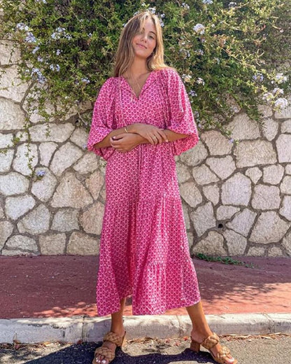 Bellanova | Vestido Maxi Boho Estampado Decote em V com Folhos de Verão