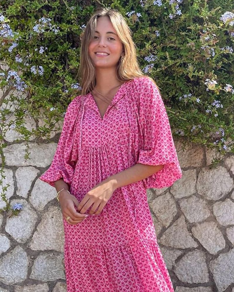 Bellanova | Vestido Maxi Boho Estampado Decote em V com Folhos de Verão
