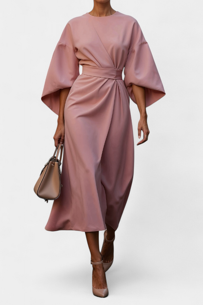Momount Vestido Midi de Trabalho de Mulher – com Cinto Corte Solto Manga Larga Elegante de Escritório
