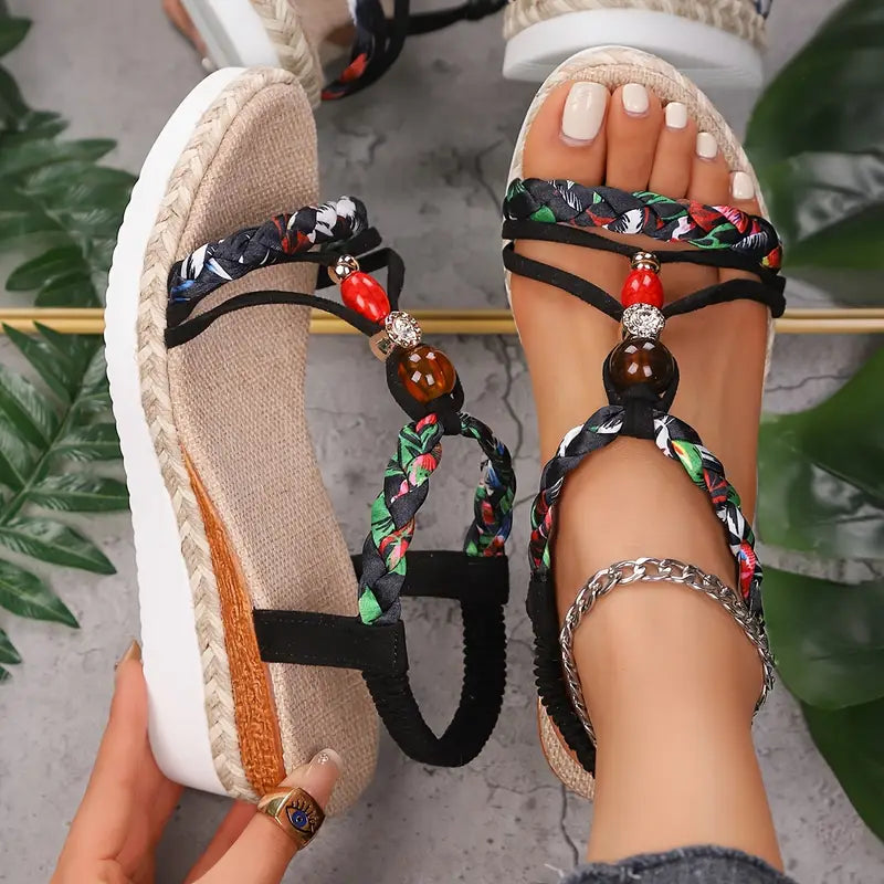 Momount Sandálias de Cunha Alpargata Mulher – Boho Trançadas com Missangas e Strass