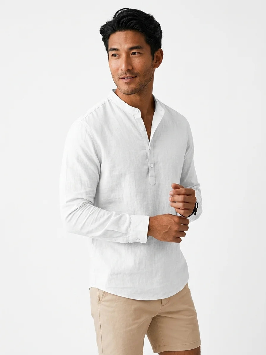Momount Men Linen Henley Shirt – Long Sleeve Band Collar Breathable Casual - White - 3/4