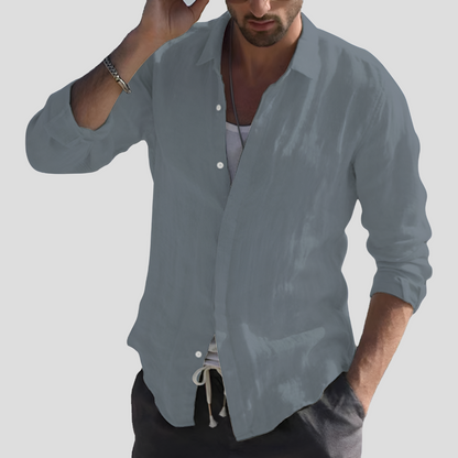 Momount Camisa de Linho de Homem – Manga Comprida com Gola Virada e Botões Clássica