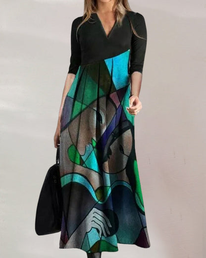 Cassellia | Vestido Maxi Linha A Decote em V com Estampado Abstracto | Verão Momount
