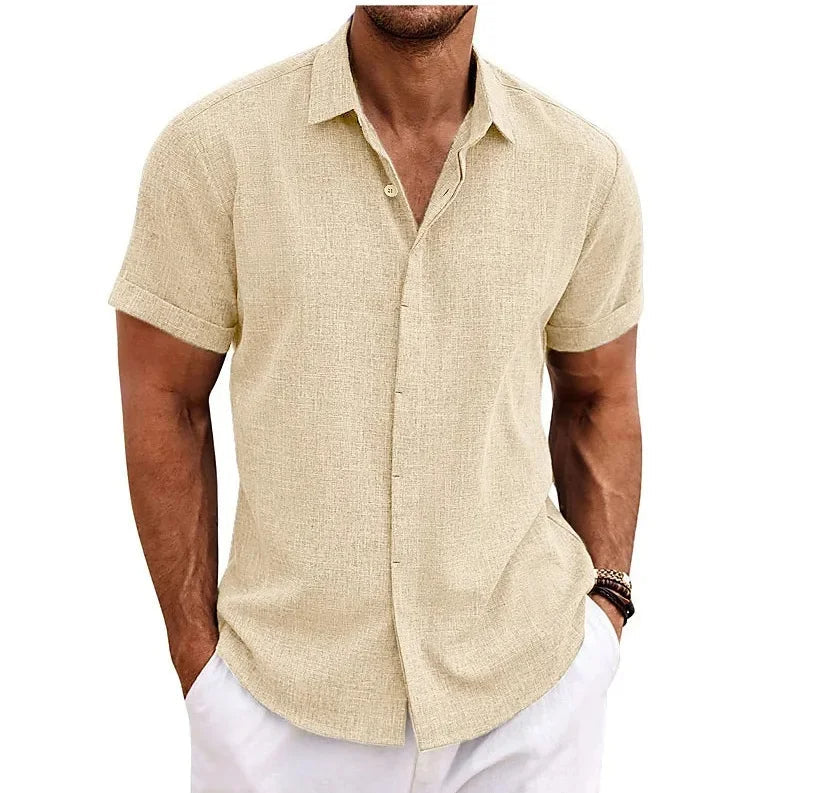 Momount Camisa em Algodão e Linho de Homem – Manga Curta com Botões Casual