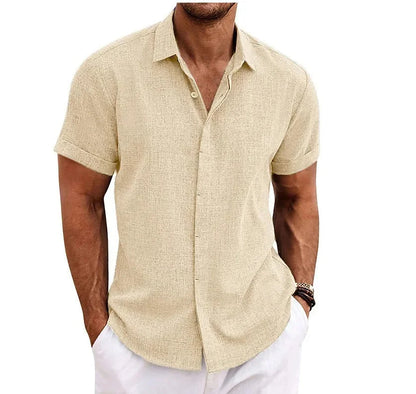 Momount Camisa em Algodão e Linho de Homem – Manga Curta com Botões Casual