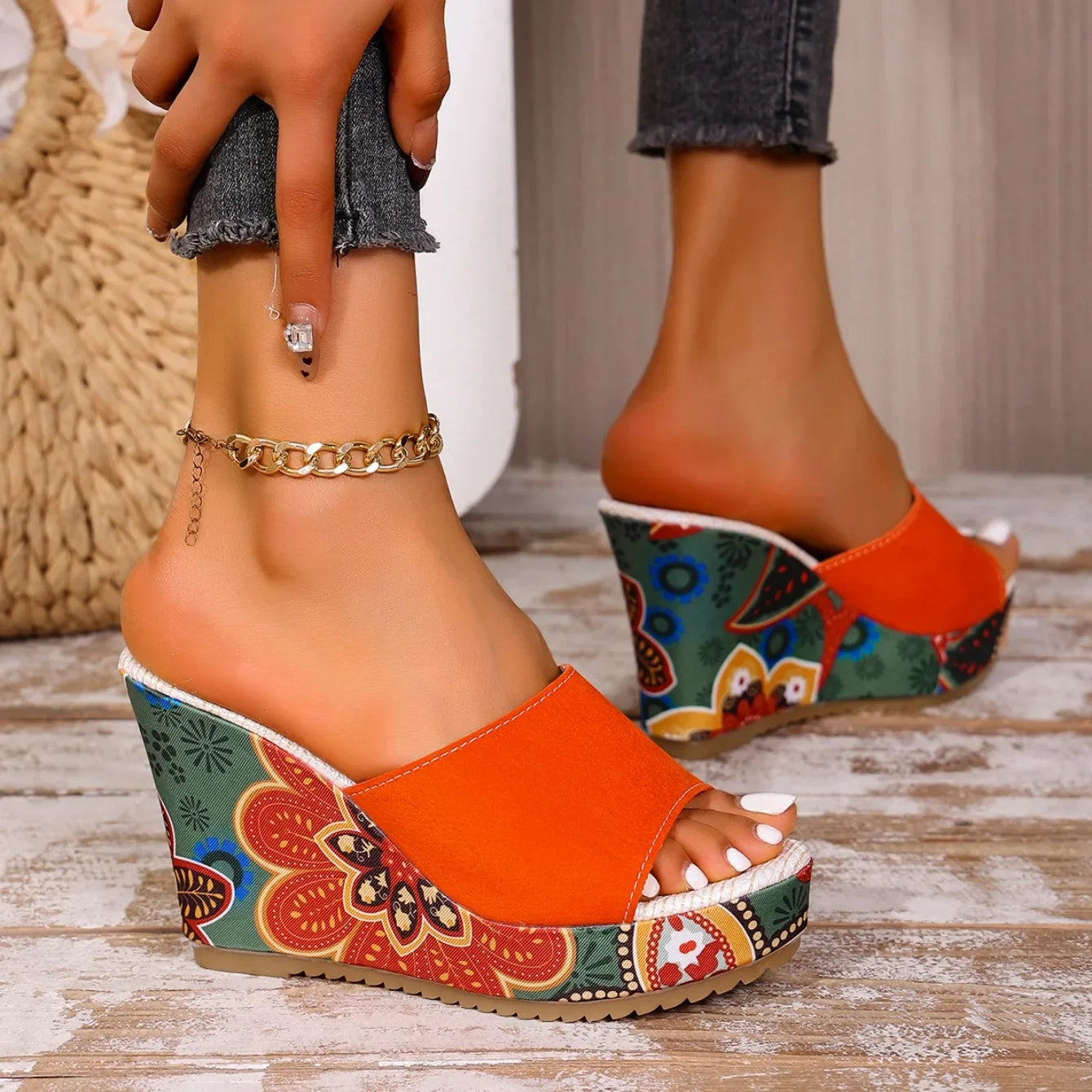 Momount Sandálias de Cunha Mulher – Camurça Estampada Floral Plataforma Slide Boho