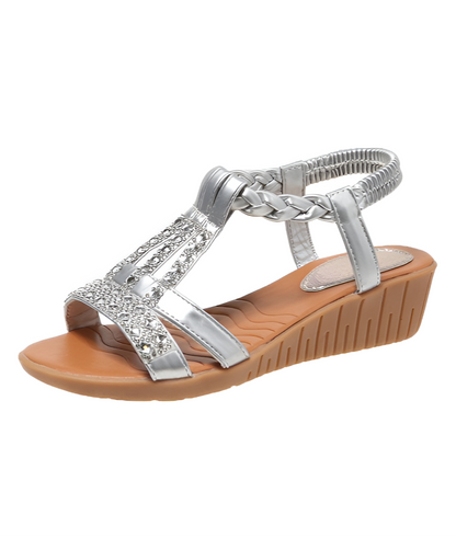 Momount Sandálias de Cunha Mulher – Boho com Strass Trançadas Tira em T de Verão