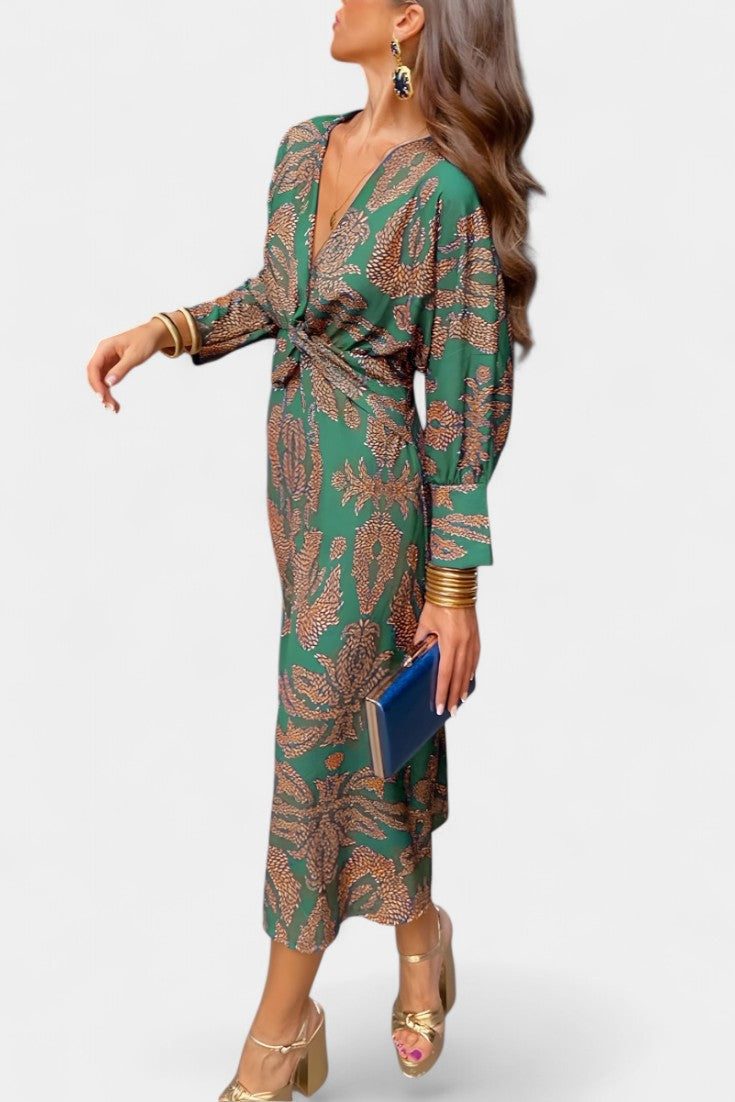 Momount Vestido Midi Justo Mulher – Manga Comprida Torcido Elegante
