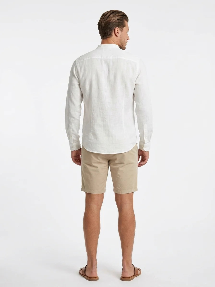 Momount Men Linen Shirt – Long Sleeve Slim Fit Button Up Casual - White - back