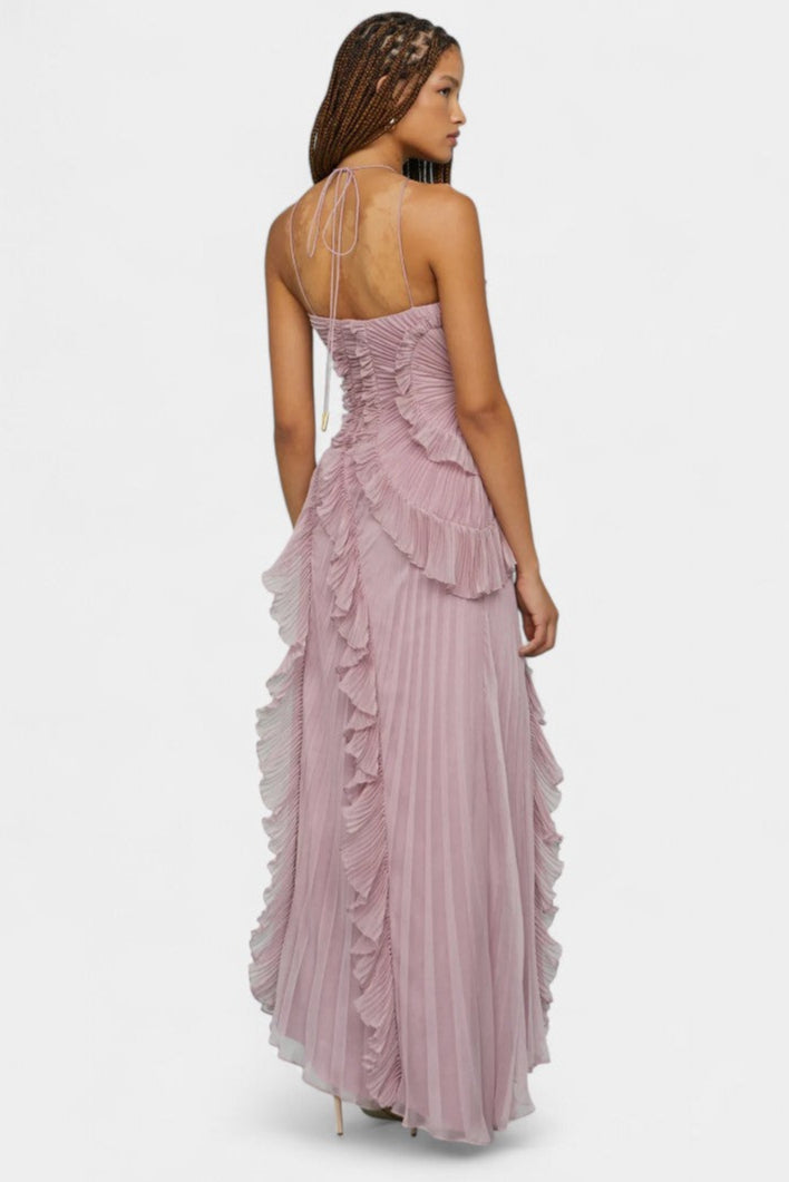Momount Vestido Maxi Halter Plissado com Folhos em Cascata de Mulher – Convidada de Casamento e Festa de Verão