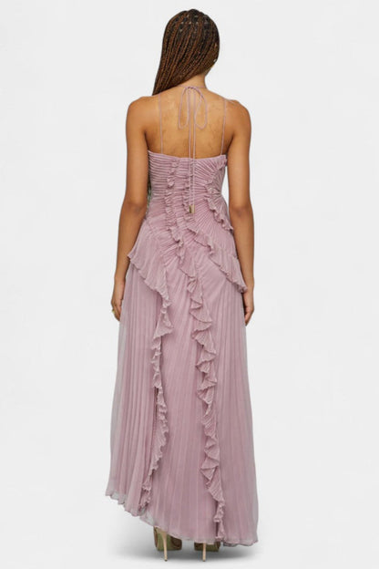 Momount Vestido Maxi Halter Plissado com Folhos em Cascata de Mulher – Convidada de Casamento e Festa de Verão
