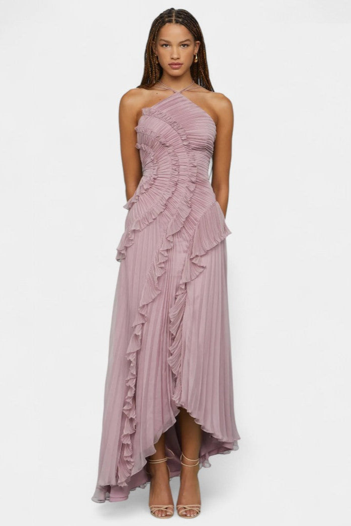 Momount Vestido Maxi Halter Plissado com Folhos em Cascata de Mulher – Convidada de Casamento e Festa de Verão