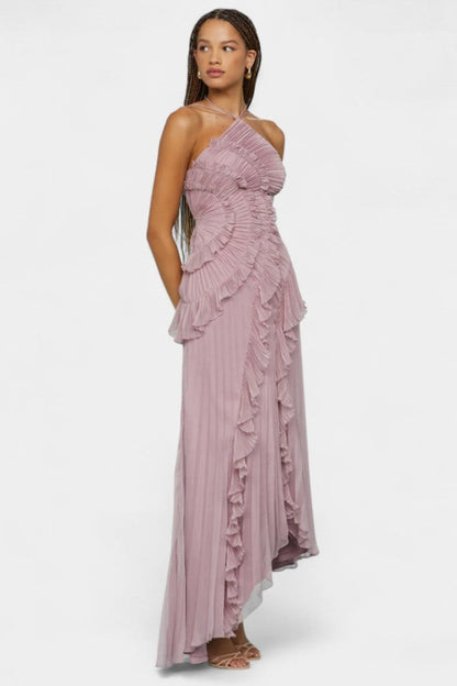Momount Vestido Maxi Halter Plissado com Folhos em Cascata de Mulher – Convidada de Casamento e Festa de Verão