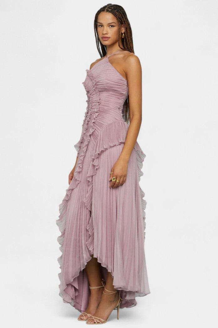 Momount Vestido Maxi Halter Plissado com Folhos em Cascata de Mulher – Convidada de Casamento e Festa de Verão
