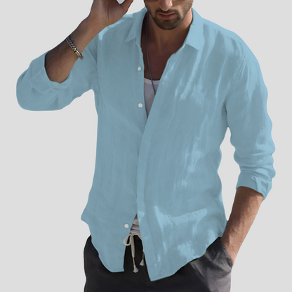 Momount Camisa de Linho de Homem – Manga Comprida com Gola Virada e Botões Clássica