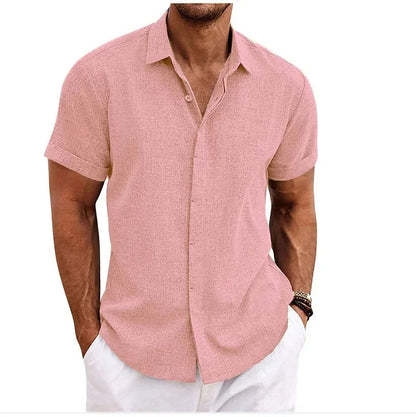 Momount Camisa em Algodão e Linho de Homem – Manga Curta com Botões Casual