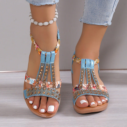 Momount Sandálias de Cunha Mulher – Boho com Strass Trançadas Tira em T de Verão