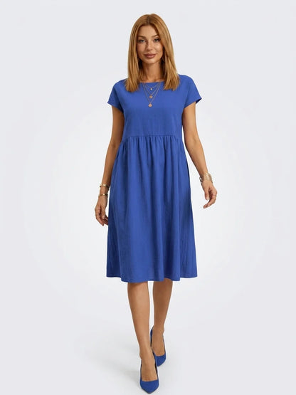 Amadea | Cotton Short Sleeve Tiered Summer Midi Dress - Blue - front