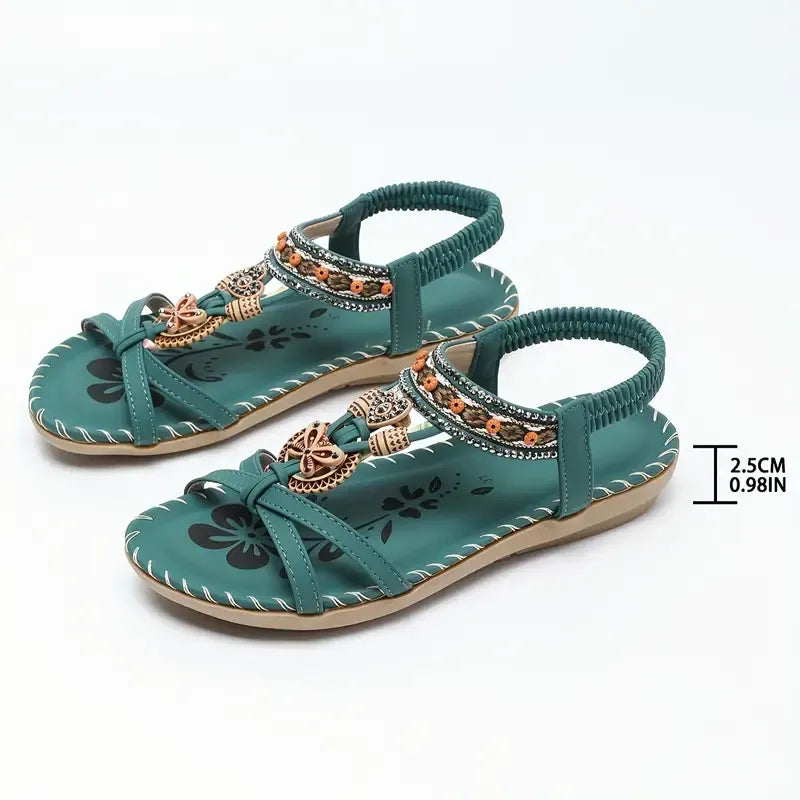 Momount Sandálias com Tira Posterior Mulher – Verde Água Boho com Missangas e Strass Rasas