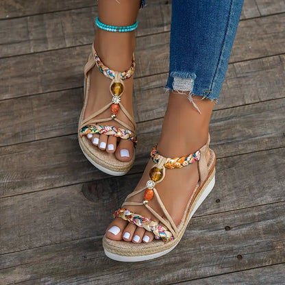 Momount Sandálias de Cunha Alpargata Mulher – Boho Trançadas com Missangas e Strass