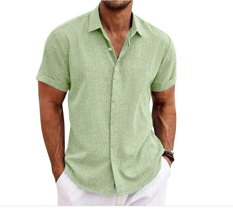 Momount Camisa em Algodão e Linho de Homem – Manga Curta com Botões Casual