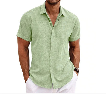 Momount Camisa em Algodão e Linho de Homem – Manga Curta com Botões Casual