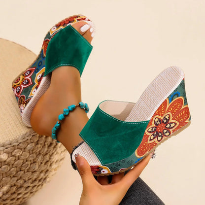 Momount Sandálias de Cunha Mulher – Camurça Estampada Floral Plataforma Slide Boho