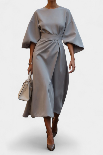 Momount Vestido Midi de Trabalho de Mulher – com Cinto Corte Solto Manga Larga Elegante de Escritório