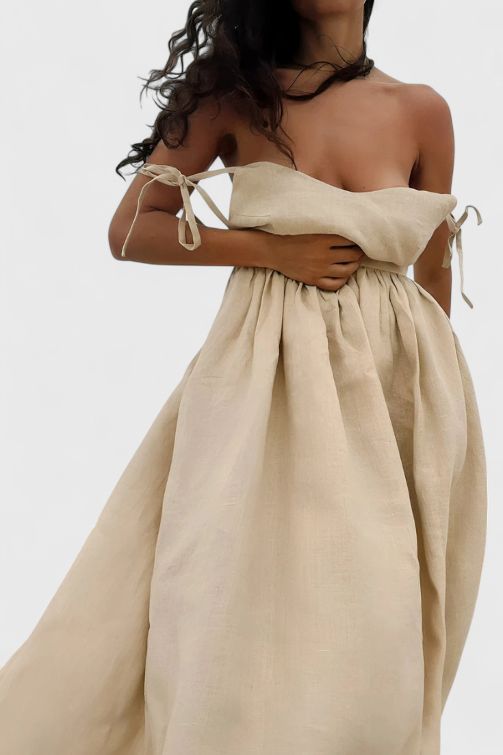 Momount Vestido Midi de Verão Mulher – Trapézio com Tiras Atadas no Ombro Fluido para a Praia