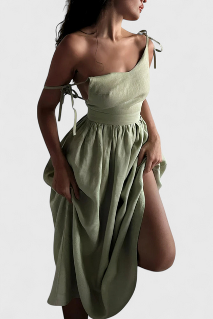 Momount Vestido Midi de Verão Mulher – Trapézio com Tiras Atadas no Ombro Fluido para a Praia