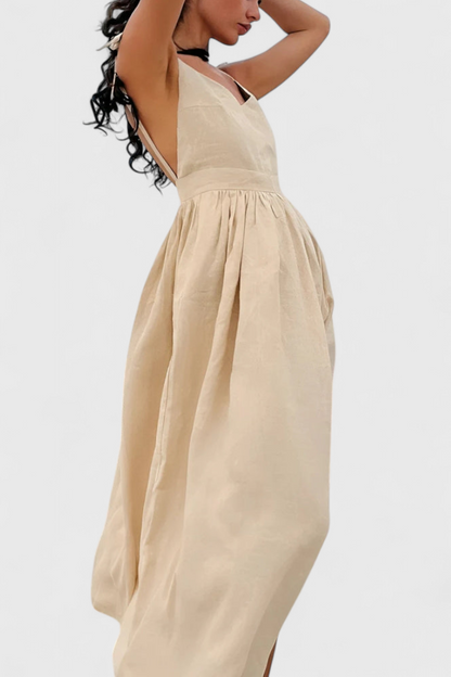 Momount Vestido Midi de Verão Mulher – Trapézio com Tiras Atadas no Ombro Fluido para a Praia