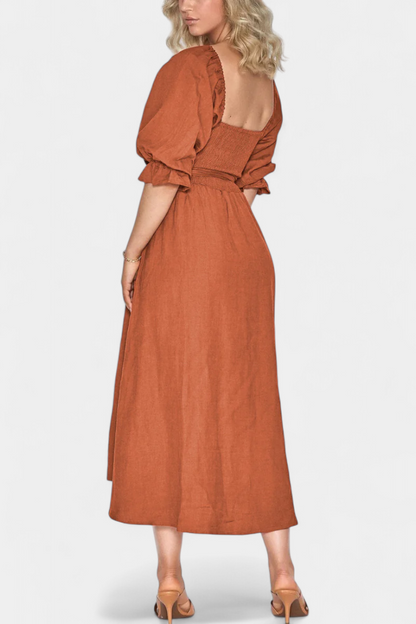 Momount Vestido Midi de Verão Mulher – Trapézio com Recortes Mangas Bufantes Fluido para a Praia
