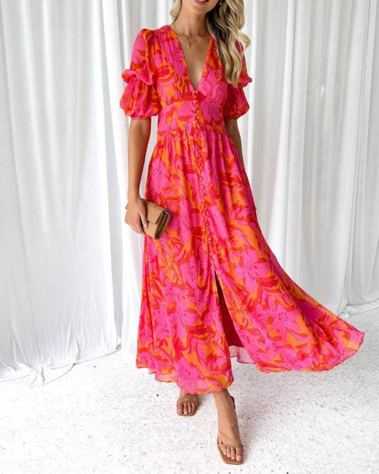 Vera Vestido Maxi com Mangas Bufantes | Estampado, Decote em V, Esvoaçante