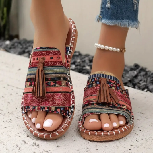 Momount Sandálias Rasas de Mulher Conforto Slip-On Casual de Verão Apoio Almofadado Leve Bico Aberto Boho com Borlas