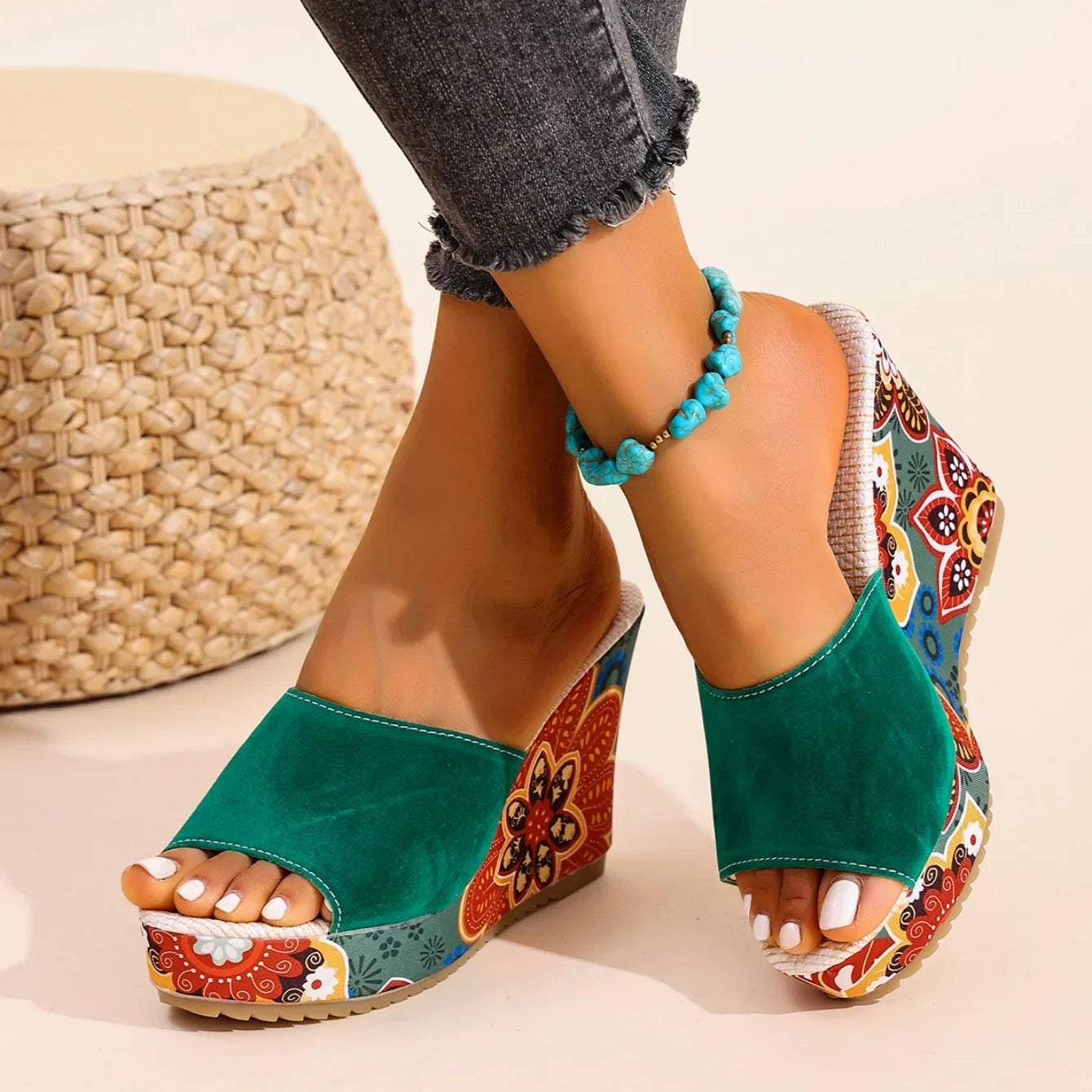 Momount Sandálias de Cunha Mulher – Camurça Estampada Floral Plataforma Slide Boho