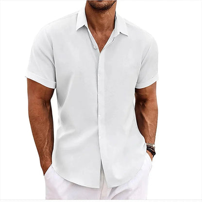 Momount Camisa em Algodão e Linho de Homem – Manga Curta com Botões Casual