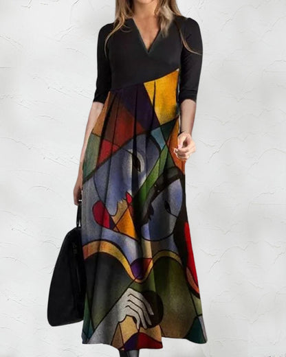 Cassellia | Vestido Maxi Linha A Decote em V com Estampado Abstracto | Verão Momount
