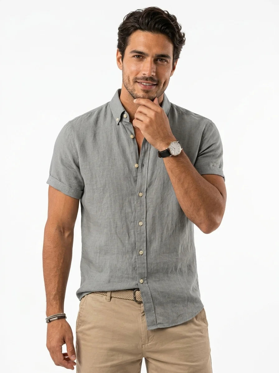 Momount Men Linen Shirt – Long Sleeve Turn Down Collar Summer Casual - Gray - front