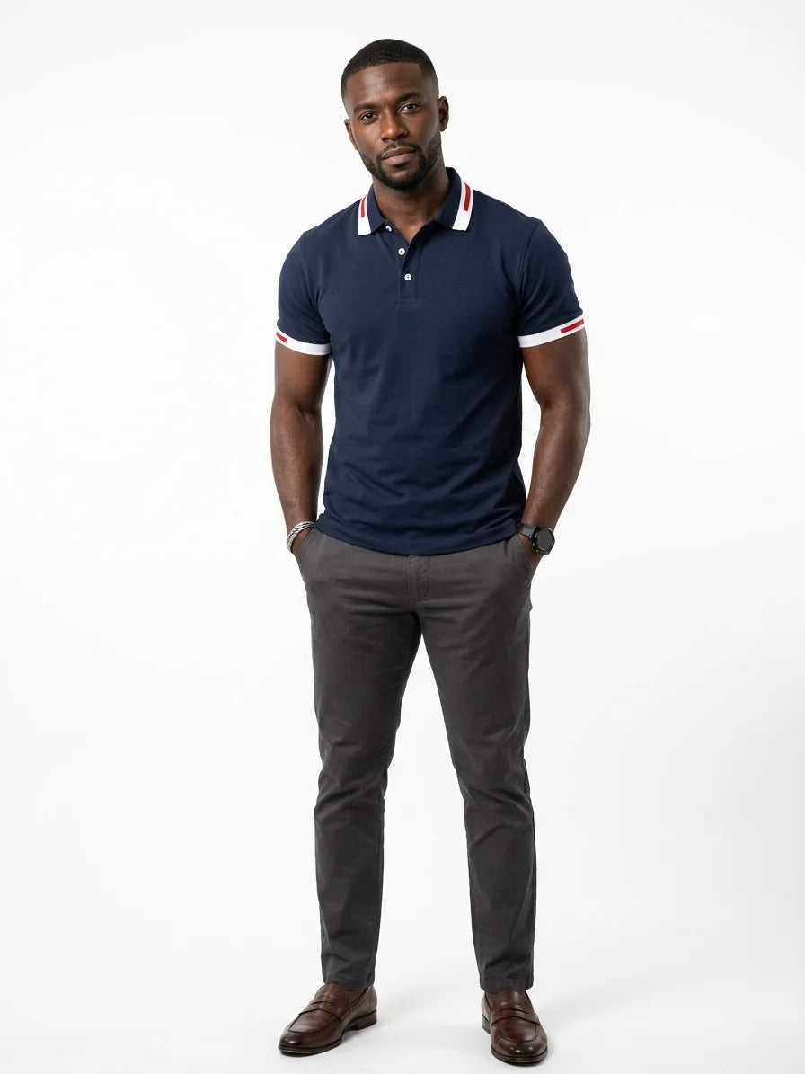 Momount Men Polo Shirt – Contrast Collar Striped Cuff Short Sleeve - Navy Blue - front