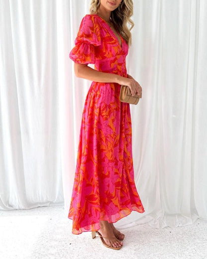 Vera Vestido Maxi com Mangas Bufantes | Estampado, Decote em V, Esvoaçante