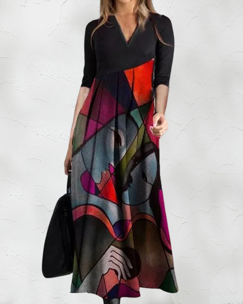 Cassellia | Vestido Maxi Linha A Decote em V com Estampado Abstracto | Verão Momount