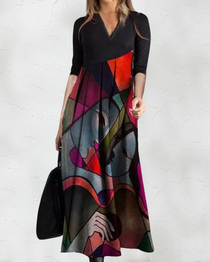 Cassellia | Vestido Maxi Linha A Decote em V com Estampado Abstracto | Verão Momount