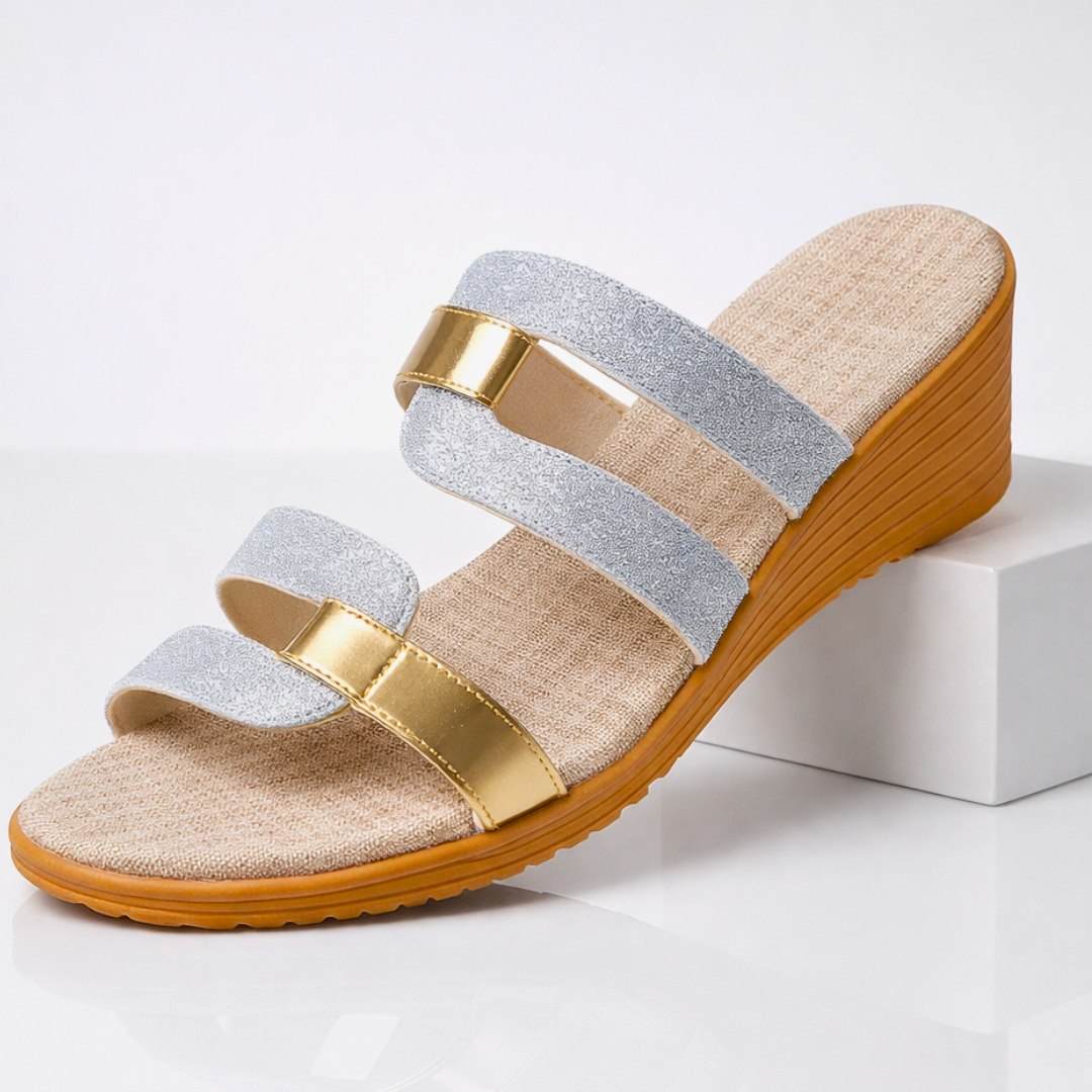 Momount Sandálias Slide Mulher – Glitter Metálico Tira Dupla Cunha Baixa