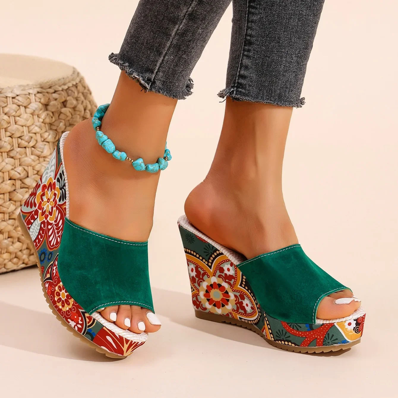 Momount Sandálias de Cunha Mulher – Camurça Estampada Floral Plataforma Slide Boho