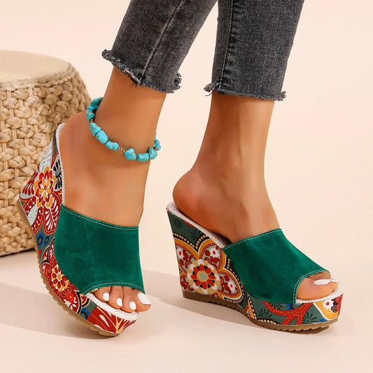 Momount Sandálias de Cunha Mulher – Camurça Estampada Floral Plataforma Slide Boho