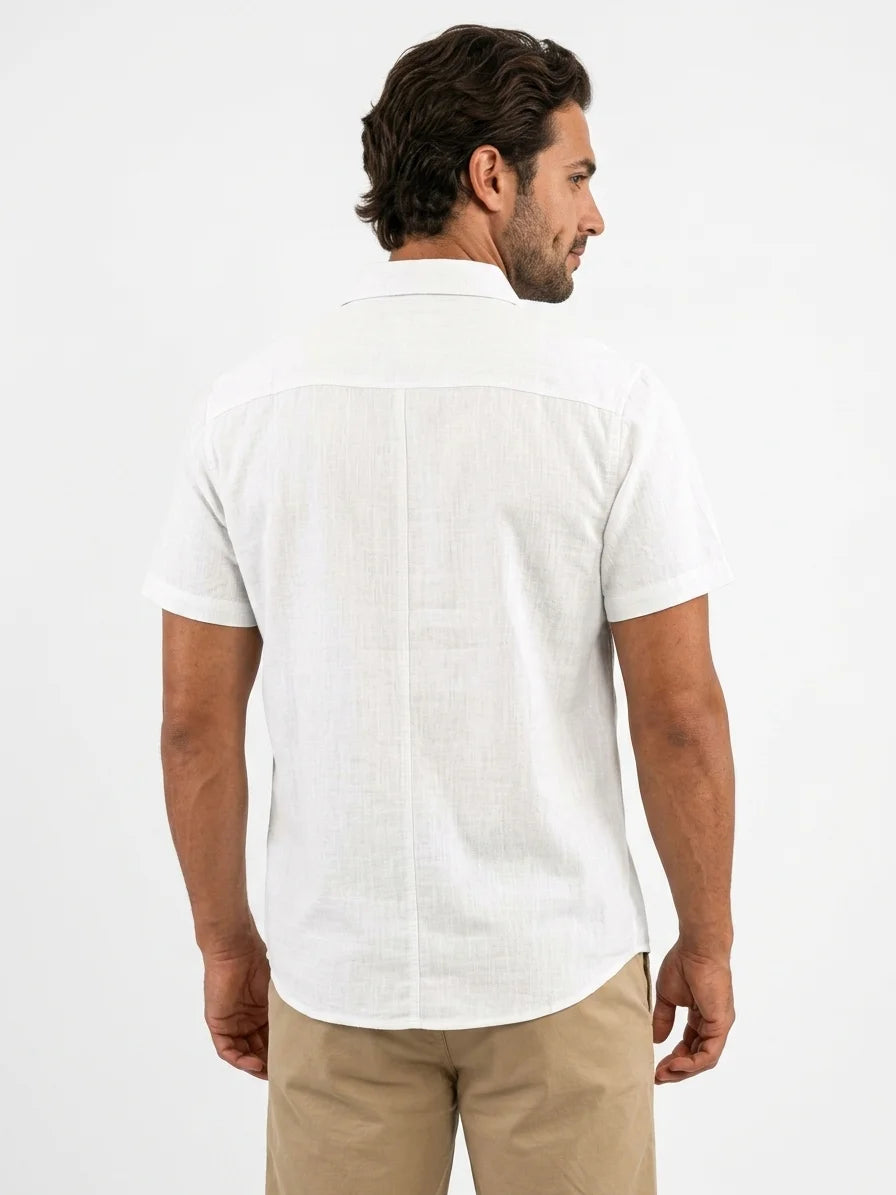 Momount Men Linen Shirt – Short Sleeve Double Chest Pocket Utility Casual - White - back